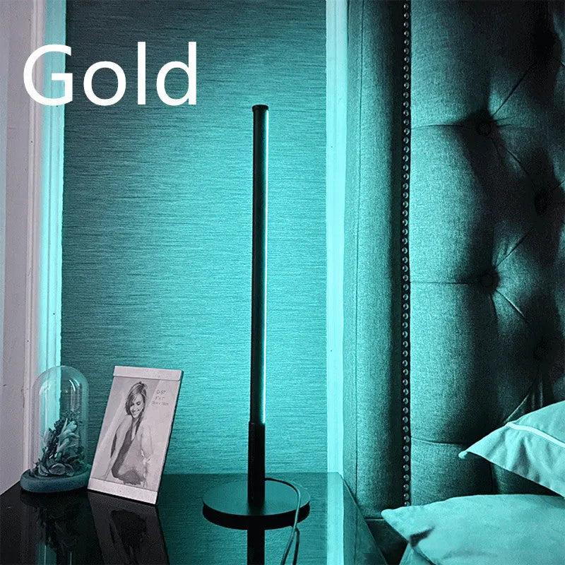 Modern Nordic bedside lamp with RGB colour changing LED lights and remote control in black or gold finish
