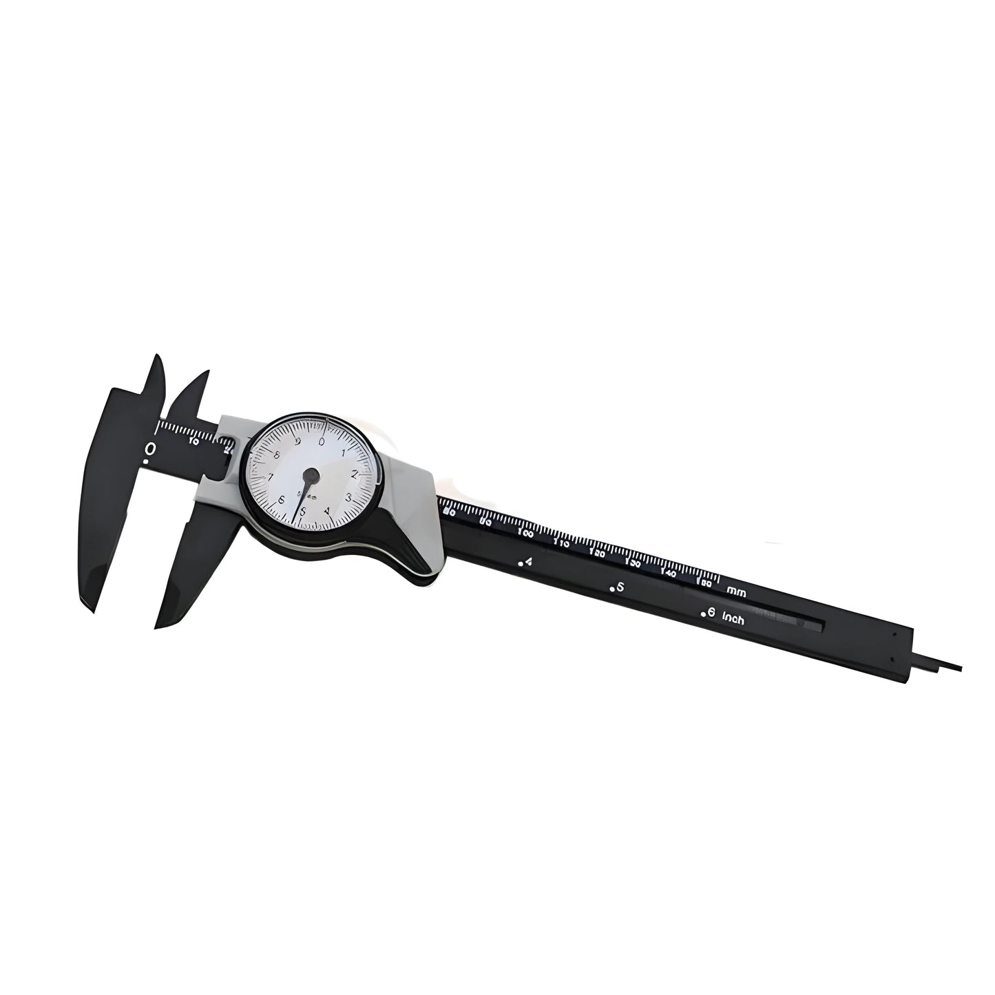 Black and white plastic vernier caliper showing 0-150mm scale with 0.1mm graduations