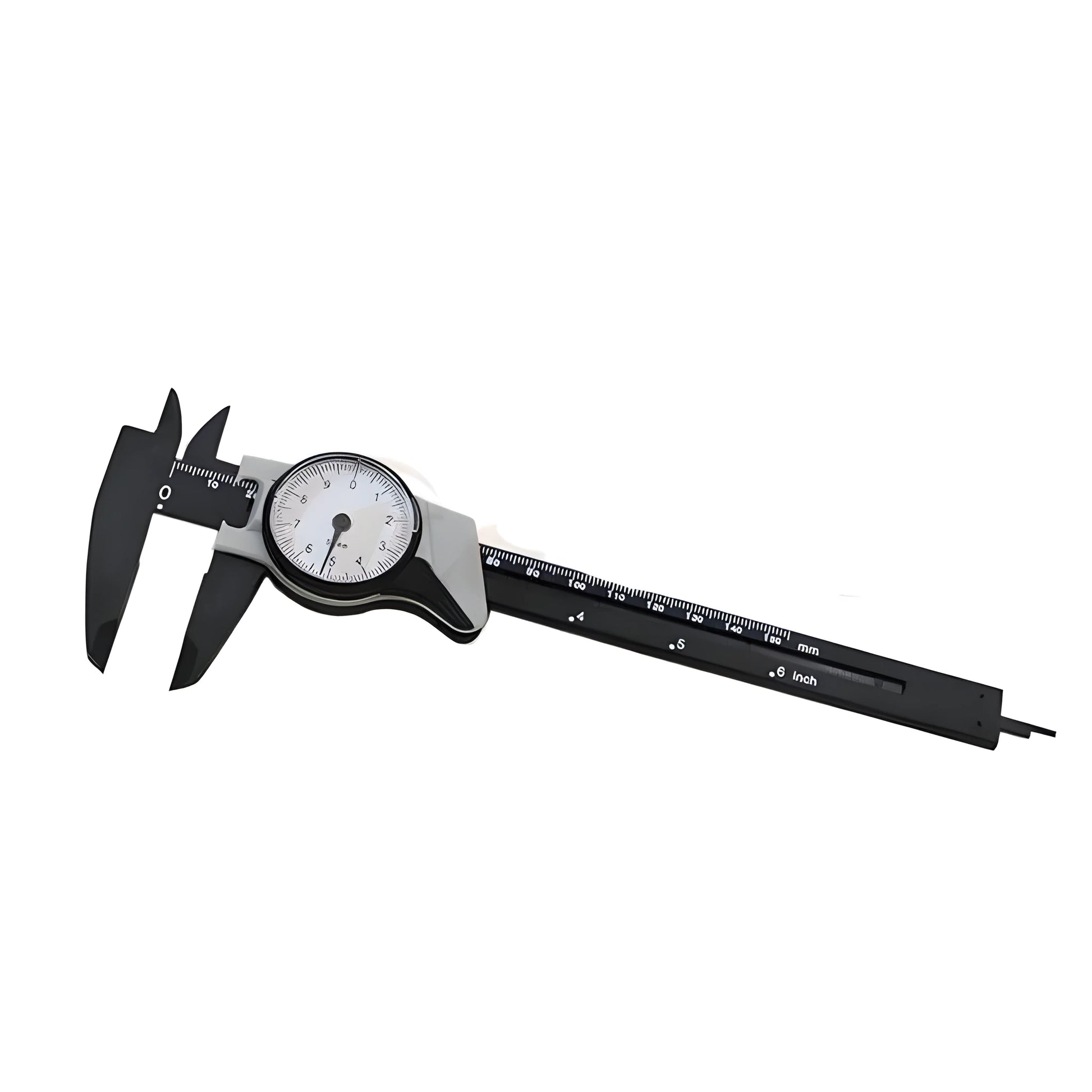 Black and white plastic vernier caliper showing 0-150mm scale with 0.1mm graduations