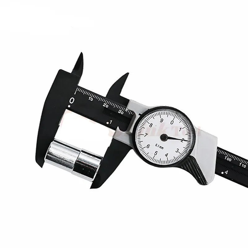 Black and white plastic vernier caliper showing 0-150mm scale with 0.1mm graduations