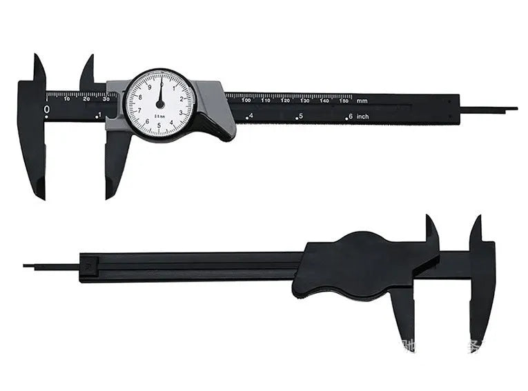Black and white plastic vernier caliper showing 0-150mm scale with 0.1mm graduations