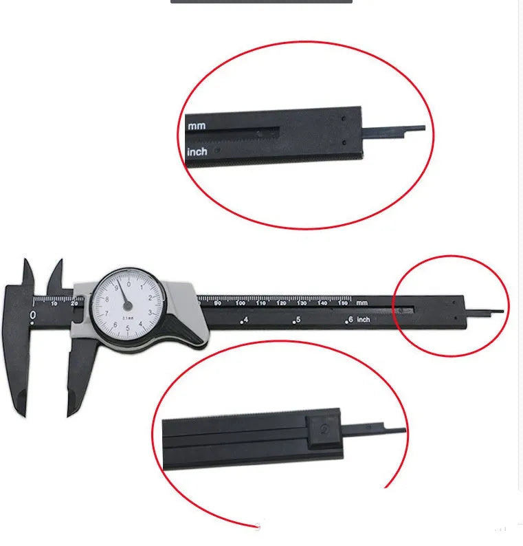 Black and white plastic vernier caliper showing 0-150mm scale with 0.1mm graduations
