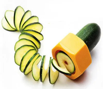 Yellow and green plastic spiral vegetable cutter for slicing cucumbers, showing 8cm diameter.