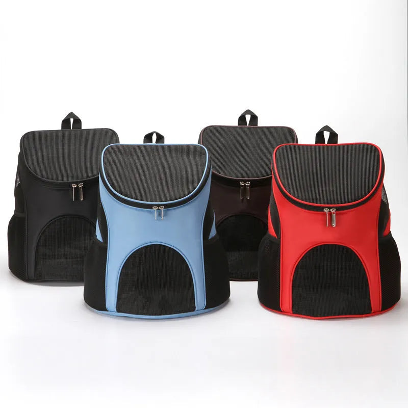 A solid-colour pet backpack carrier for cats or small dogs, shown in one of four colour options.