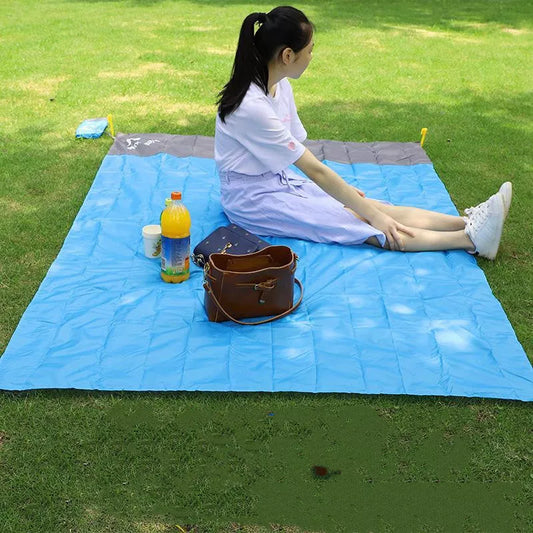 Waterproof camping mat with pegs, blue and gray, 2M by 2.1M