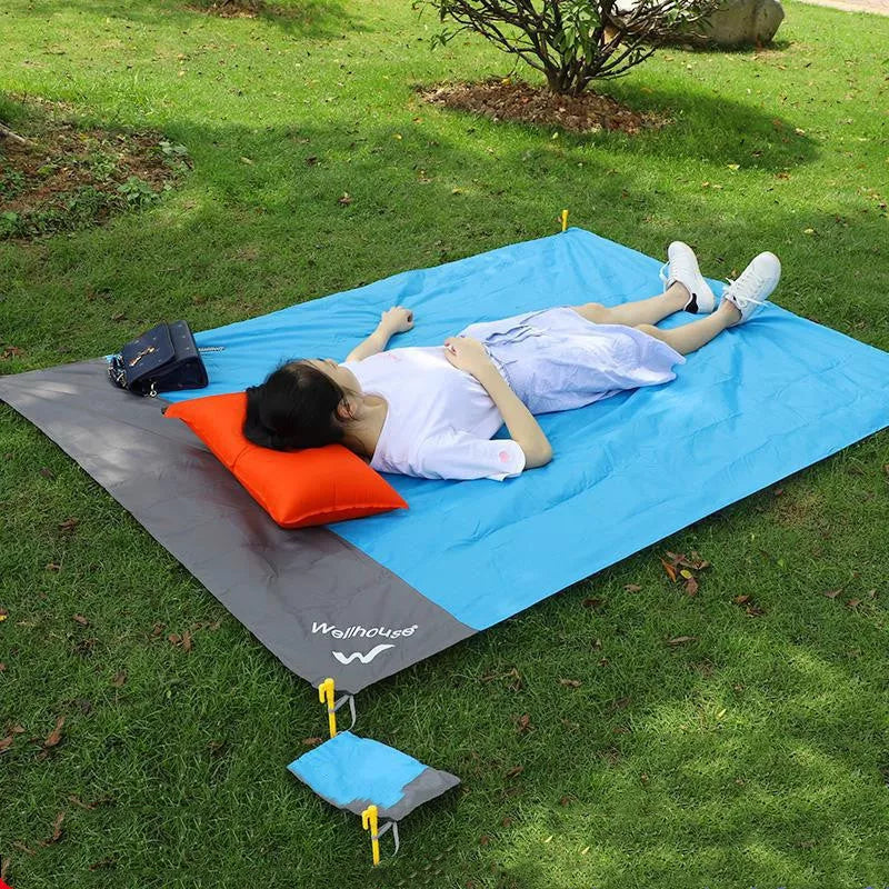 Waterproof camping mat with pegs, blue and gray, 2M by 2.1M