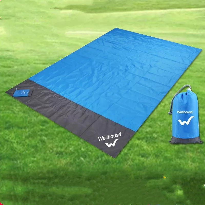 Waterproof camping mat with pegs, blue and gray, 2M by 2.1M