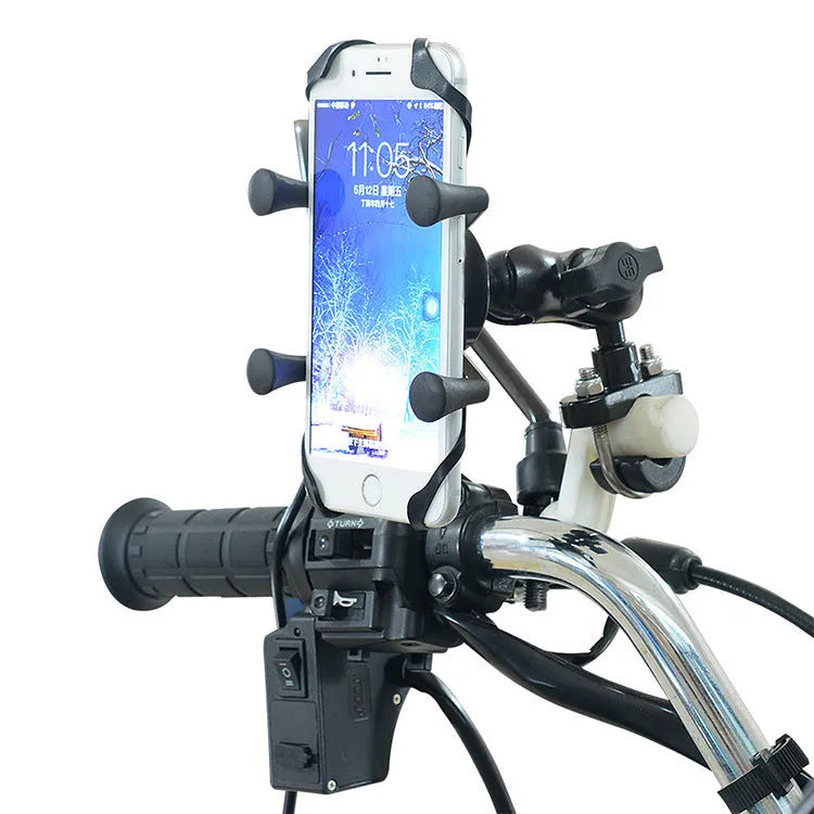 Black aluminium alloy motorcycle phone bracket mounted on handlebar holding mobile phone