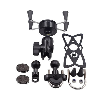 Black aluminium alloy motorcycle phone bracket mounted on handlebar holding mobile phone