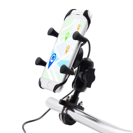 Black aluminium alloy motorcycle phone bracket mounted on handlebar holding mobile phone