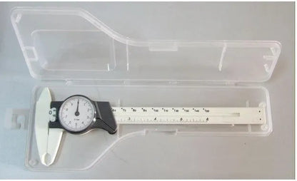 Black and white plastic vernier caliper showing 0-150mm scale with 0.1mm graduations