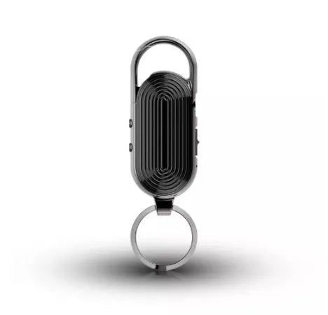 Black portable voice recorder with zinc alloy shell, showing USB port and recording button