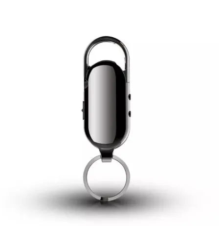 Black portable voice recorder with zinc alloy shell, showing USB port and recording button