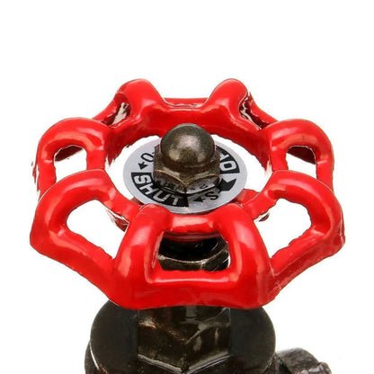 Red and copper steampunk-style industrial light switch valve with threaded connection.