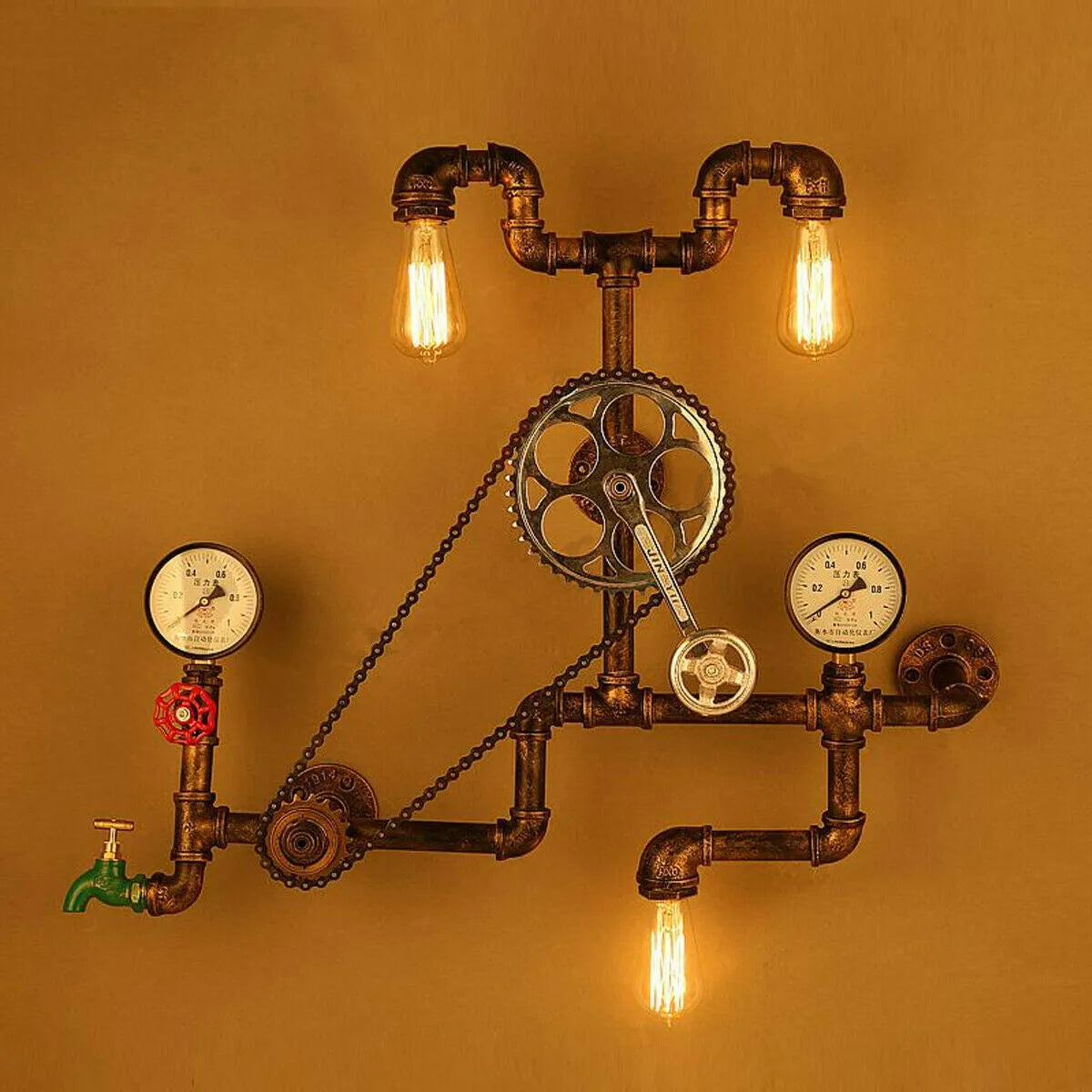 Red and copper steampunk-style industrial light switch valve with threaded connection.