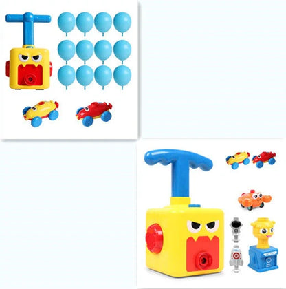 Children playing with eco-friendly balloon-powered car toy, learning aerodynamics
