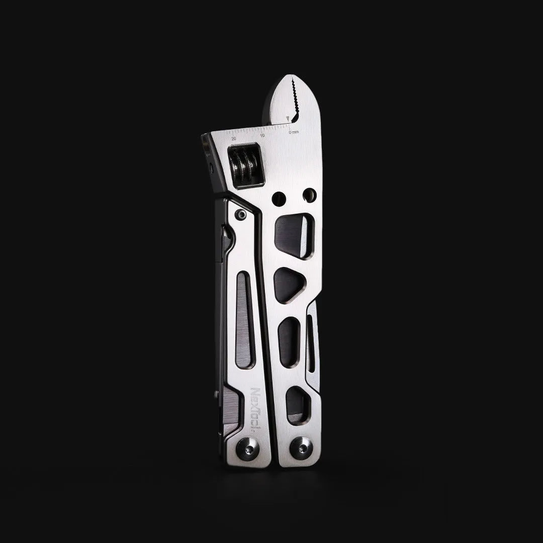Stainless steel multi-function wrench tool with knife blade and needle nose pliers for repairs