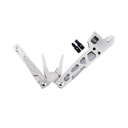 Stainless steel multi-function wrench tool with knife blade and needle nose pliers for repairs