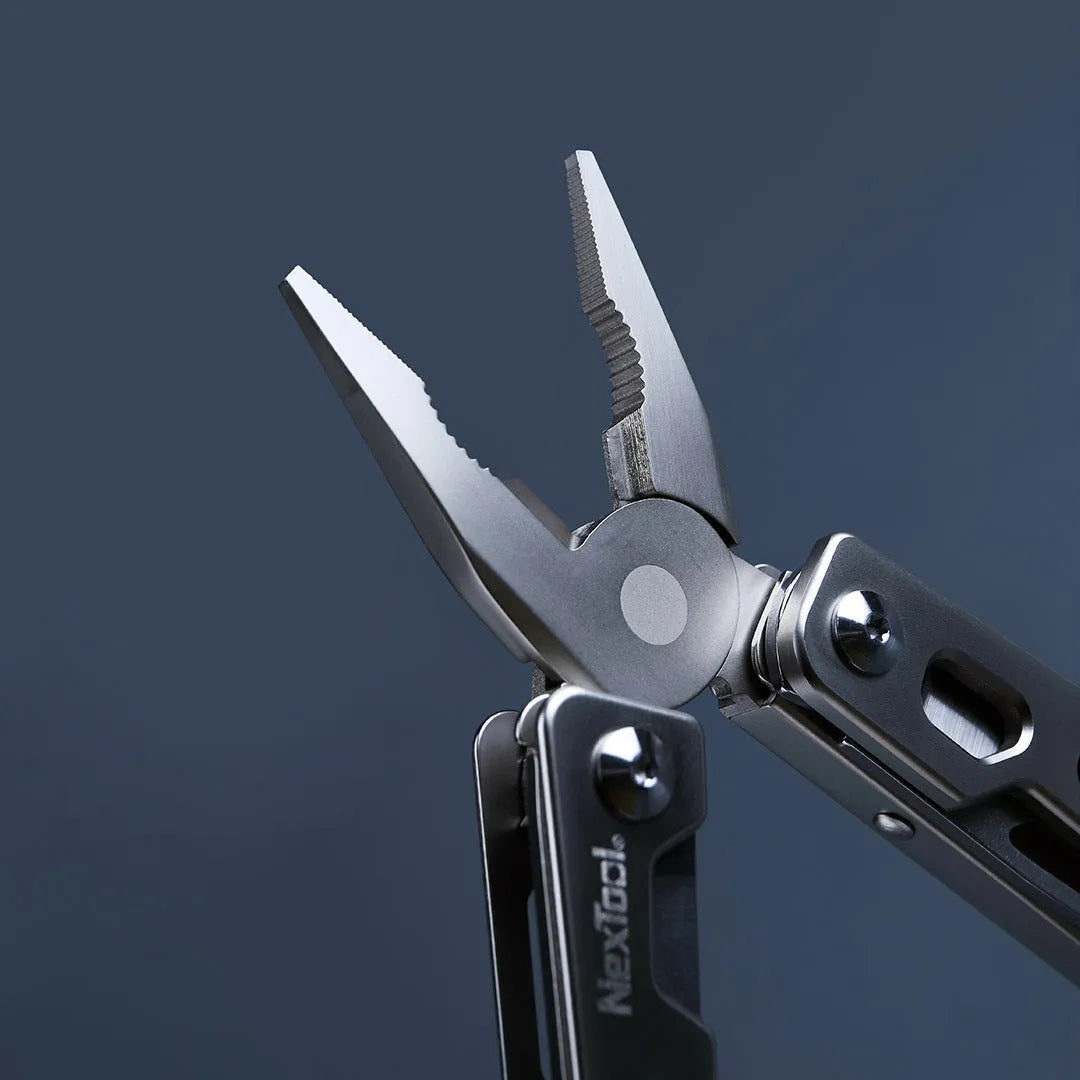 Stainless steel multi-function wrench tool with knife blade and needle nose pliers for repairs