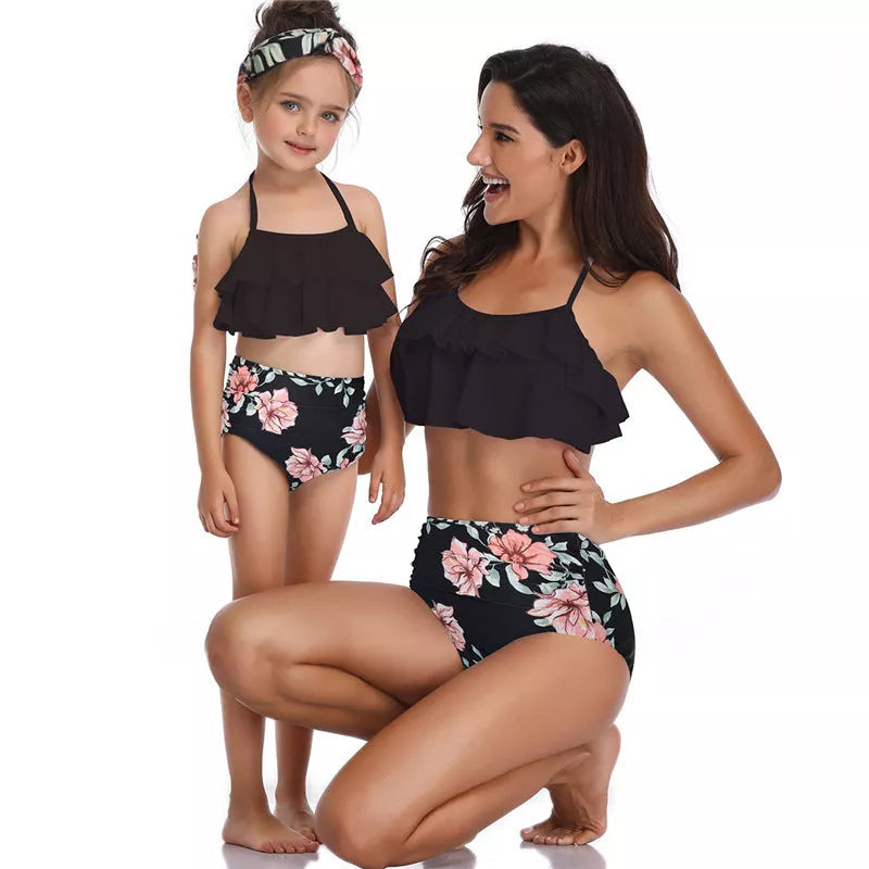 Matching high waist bikini parent-child swimwear set in floral print