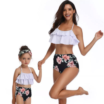 Matching high waist bikini parent-child swimwear set in floral print