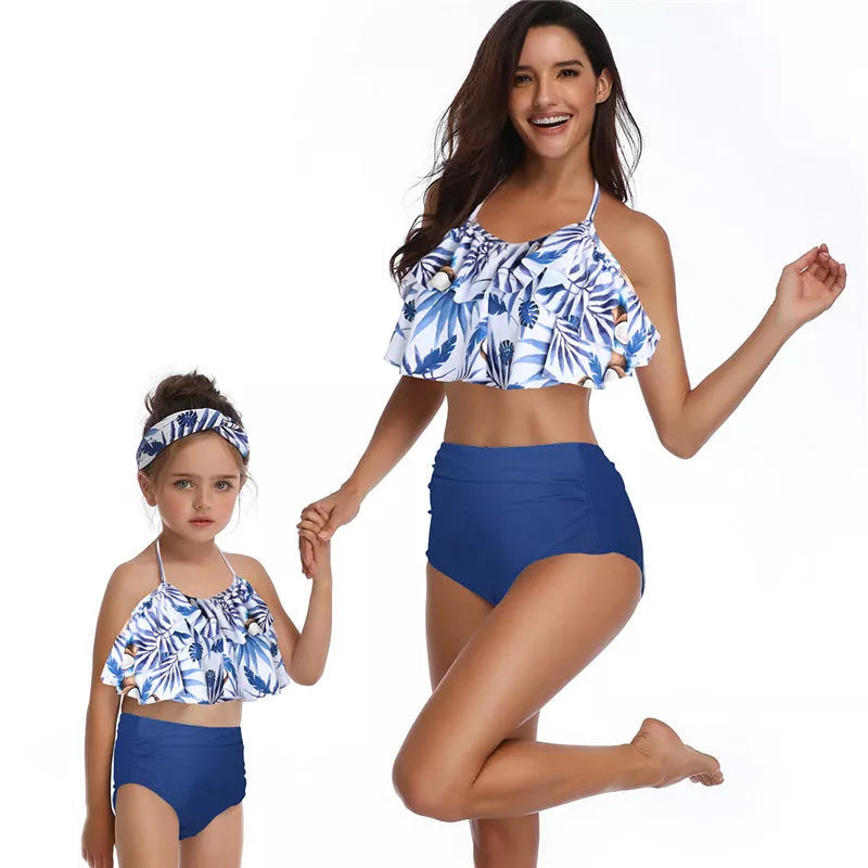 Matching high waist bikini parent-child swimwear set in floral print