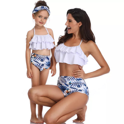 Matching high waist bikini parent-child swimwear set in floral print