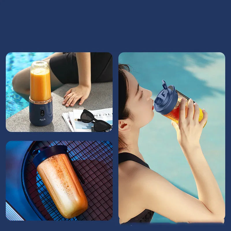 Portable USB blender in Tunisian dark blue with six blades, 400ml cup, and charging cable