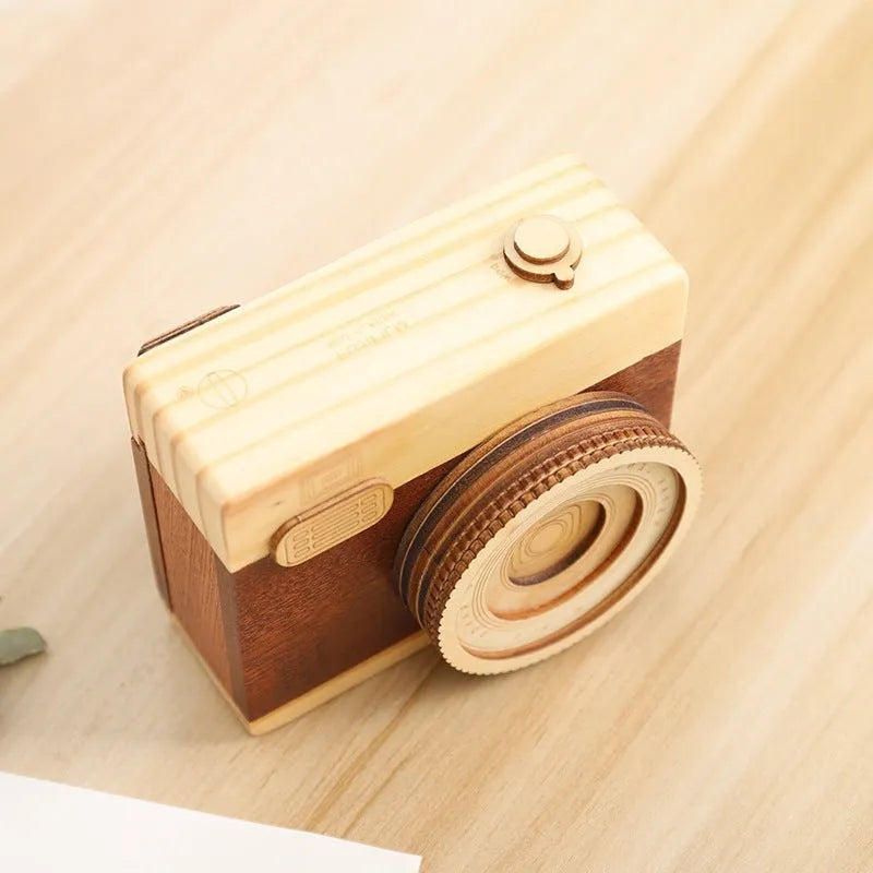 Camera music box rotating wooden gift for creative girlfriends and girls children mini carton packaging sanding box pine wood material