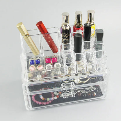 Transparent acrylic foldable storage container measuring 240x150x190mm with 18-litre capacity for makeup organisation