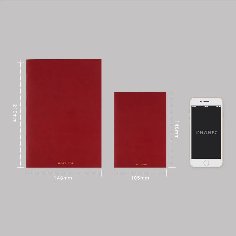 Red and white retro-style notebooks with imitation leather covers in A5 and A6 sizes showing dot grid, line, and square ruling pages.