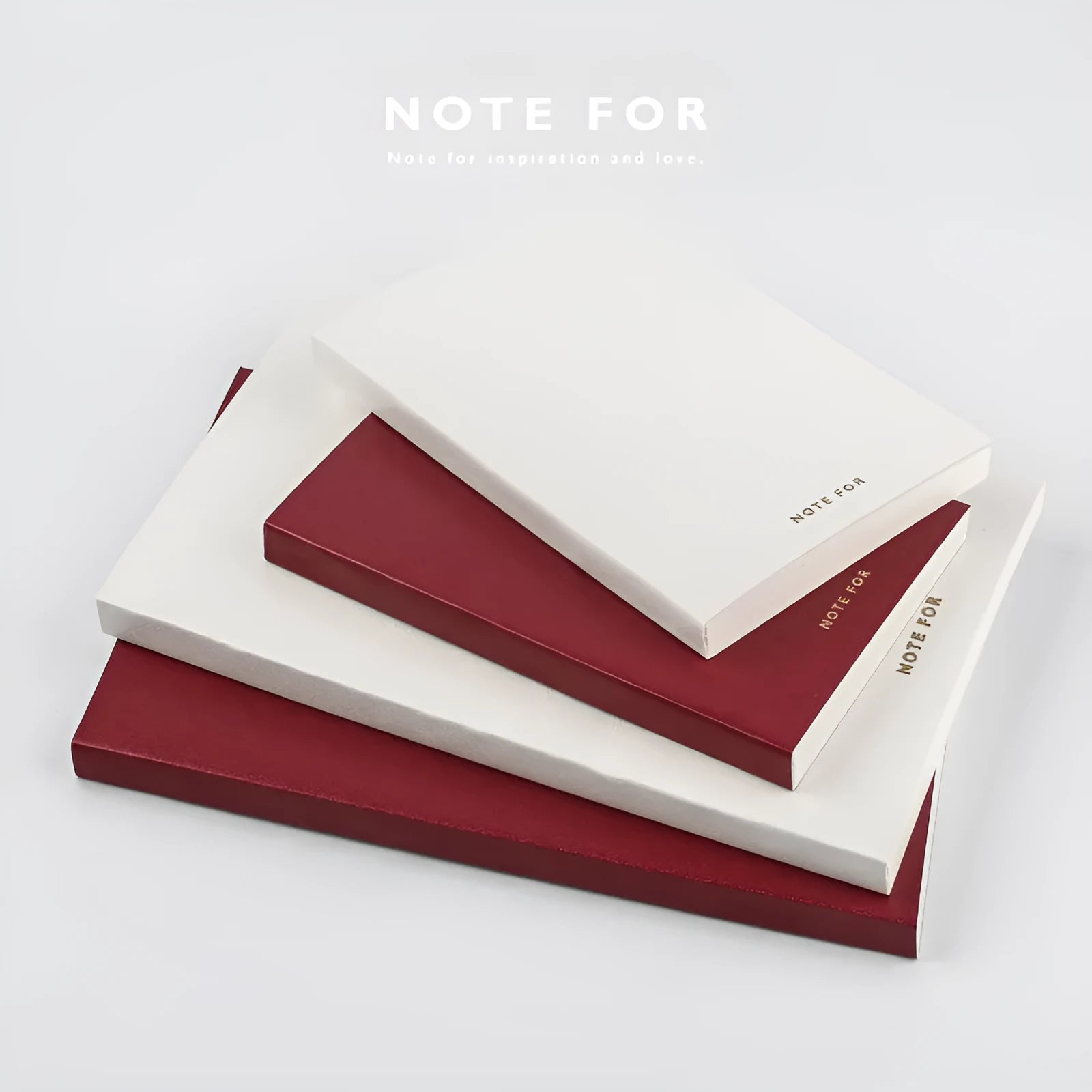 Red and white retro-style notebooks with imitation leather covers in A5 and A6 sizes showing dot grid, line, and square ruling pages.
