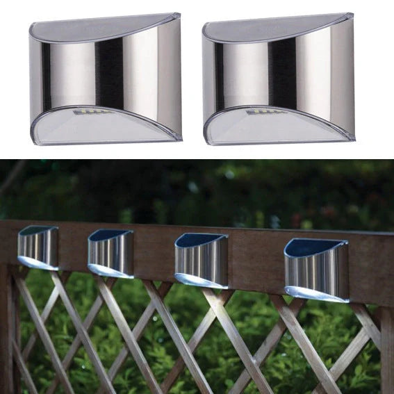 White solar step lights measuring 10cm long on outdoor brick steps with LED illumination