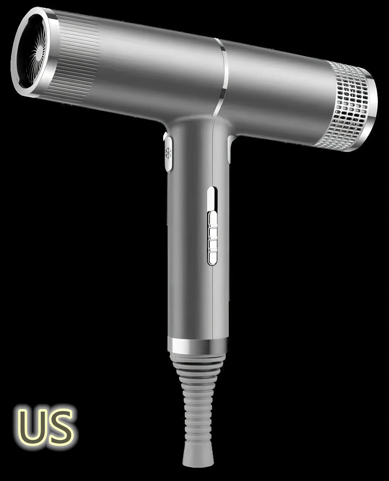Silver 1800W hair dryer with magnetic nozzles showing set tuyere and disperse tuyere attachments