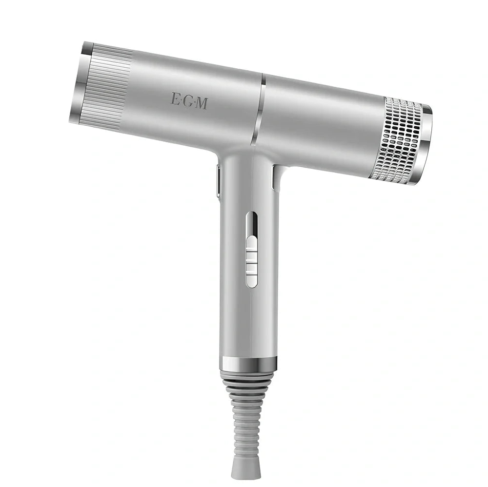 Silver 1800W hair dryer with magnetic nozzles showing set tuyere and disperse tuyere attachments