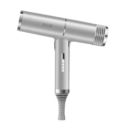 Silver 1800W hair dryer with magnetic nozzles showing set tuyere and disperse tuyere attachments