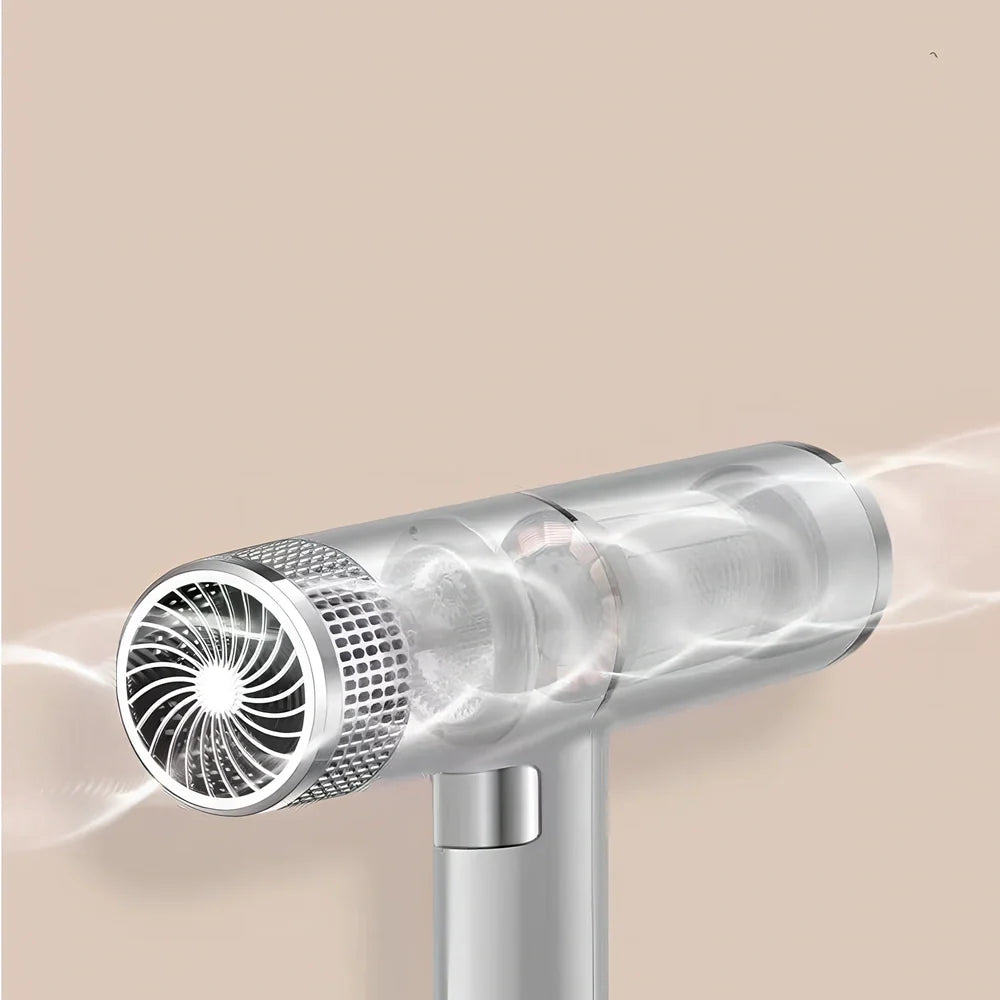 Silver 1800W hair dryer with magnetic nozzles showing set tuyere and disperse tuyere attachments