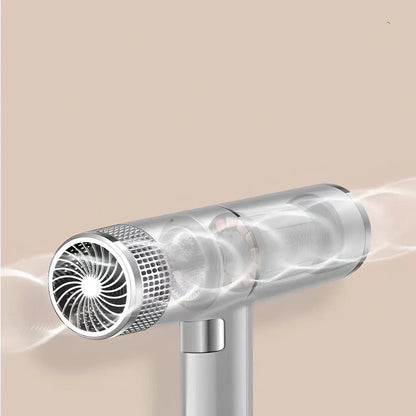 Silver 1800W hair dryer with magnetic nozzles showing set tuyere and disperse tuyere attachments