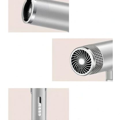 Silver 1800W hair dryer with magnetic nozzles showing set tuyere and disperse tuyere attachments