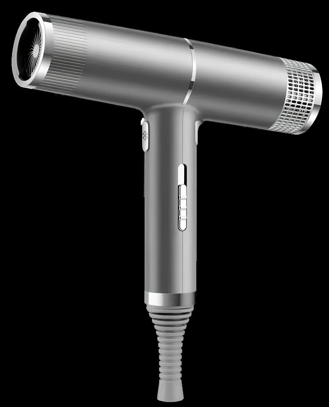 Silver 1800W hair dryer with magnetic nozzles showing set tuyere and disperse tuyere attachments