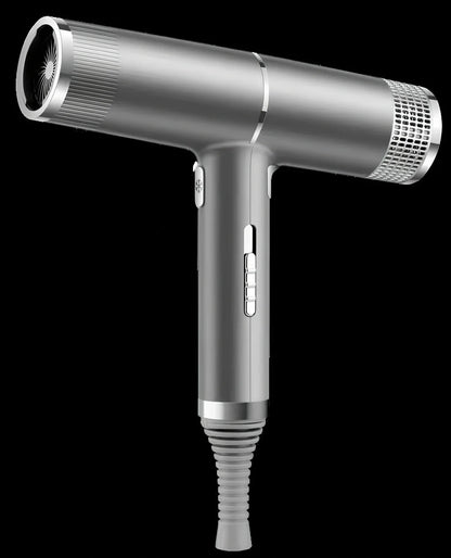 Silver 1800W hair dryer with magnetic nozzles showing set tuyere and disperse tuyere attachments