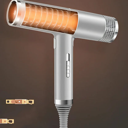 Silver 1800W hair dryer with magnetic nozzles showing set tuyere and disperse tuyere attachments