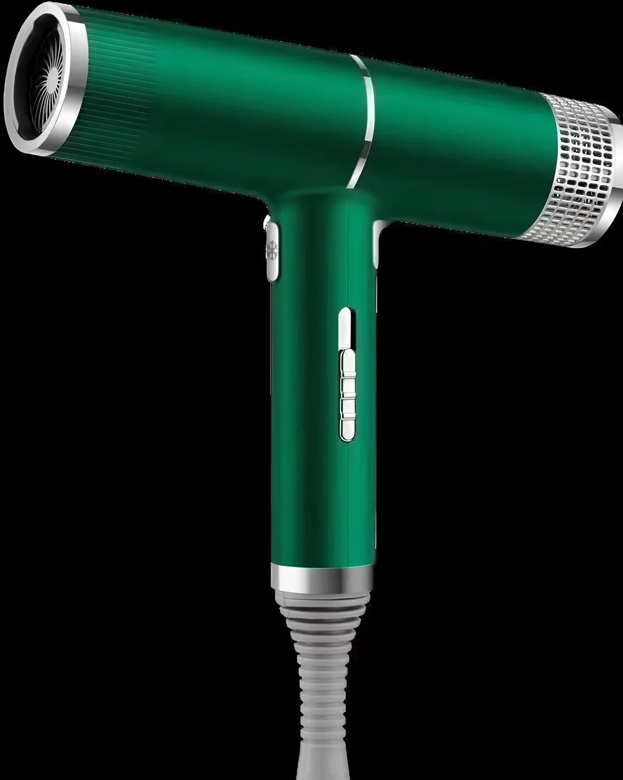 Silver 1800W hair dryer with magnetic nozzles showing set tuyere and disperse tuyere attachments