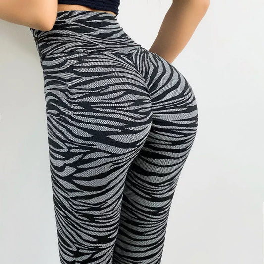 Cocktail leggings in leopard gray and zebra print for running and yoga