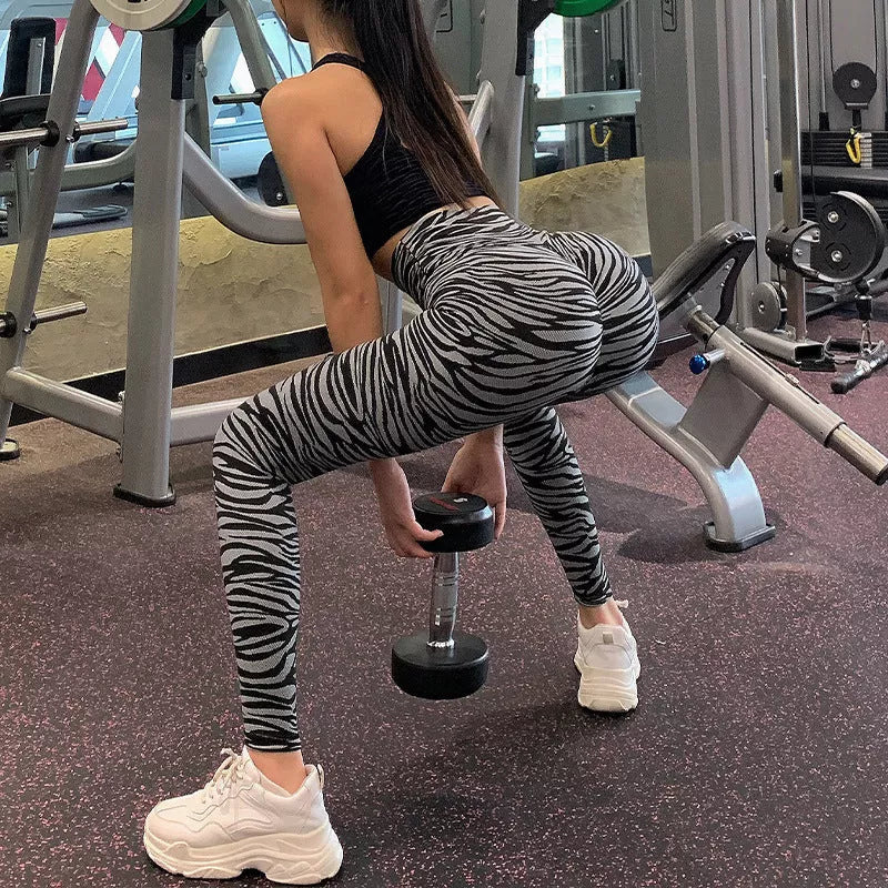 Cocktail leggings in leopard gray and zebra print for running and yoga