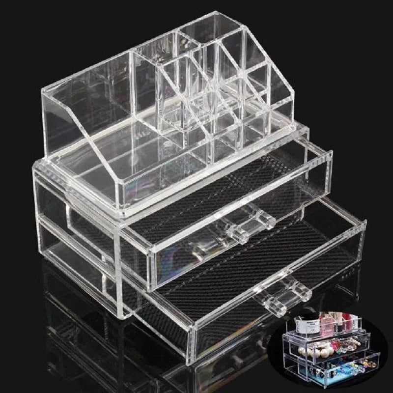 Transparent acrylic foldable storage container measuring 240x150x190mm with 18-litre capacity for makeup organisation