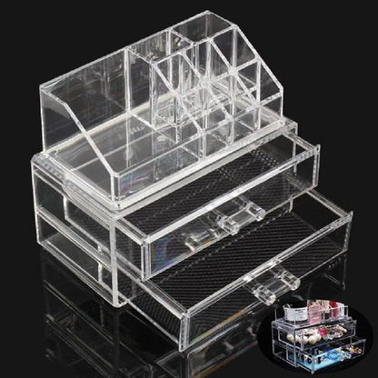Transparent acrylic foldable storage container measuring 240x150x190mm with 18-litre capacity for makeup organisation