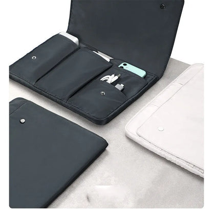 Nylon notebook liner bag with magnetic buckle, black or white, sizes 13, 14.1, 15.4, and 16 inches, for laptops and tablets.