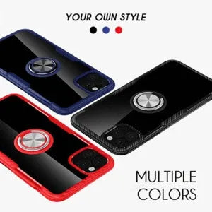 iPhone 11 Pro Max case with car holder arm in navy blue, showing PU material and button access.