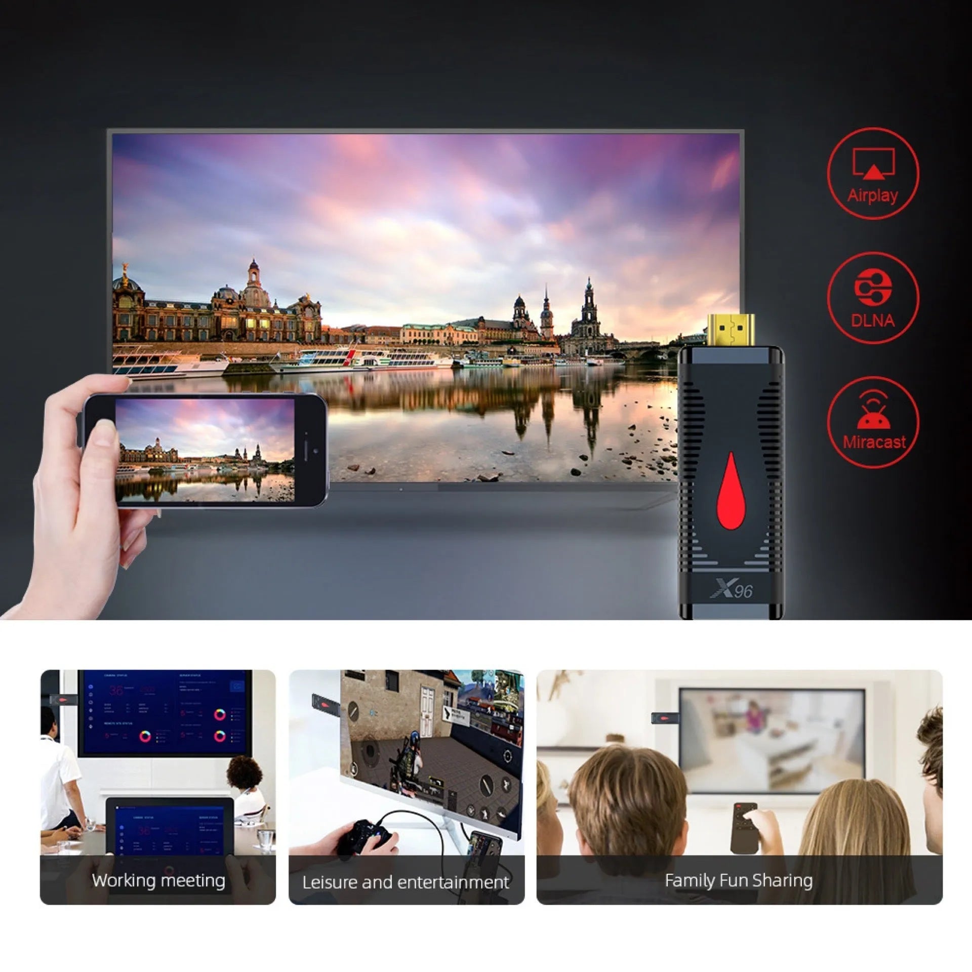 Smart network TV set-top box mini dongle with remote, cable, and power supply for EU UK US